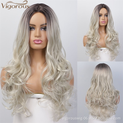 Vigorou Top Quality Long Ombre Gray Wavy Wigs Middle Part Synthetic Wigs For Black Women Heat Resistant Fiber Cosplay Party Wigs